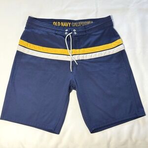 Old Navy California Board Shorts Men's 34 Navy Yellow Stripe Swim Trunks 9.5" In